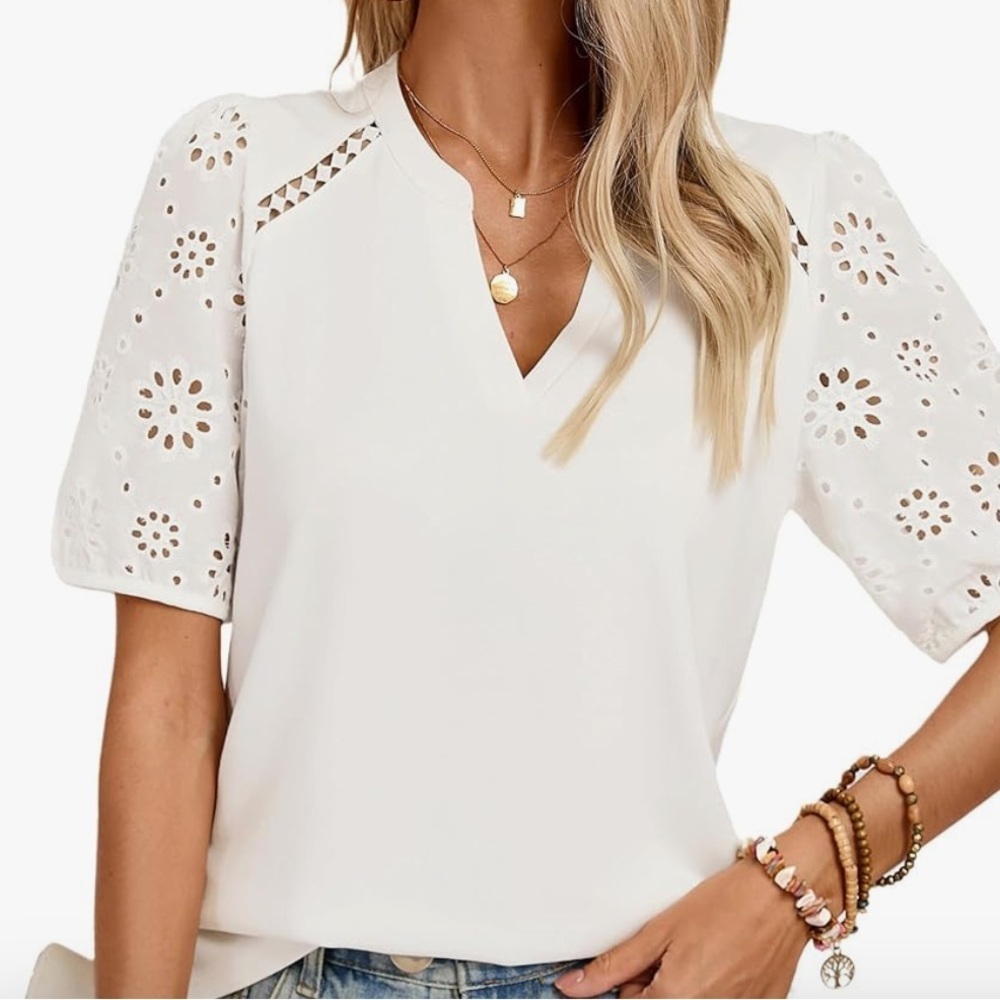 Kate Kasin Womens Puff Short Sleeve V Neck Lace Blouse Shirt New size Medium